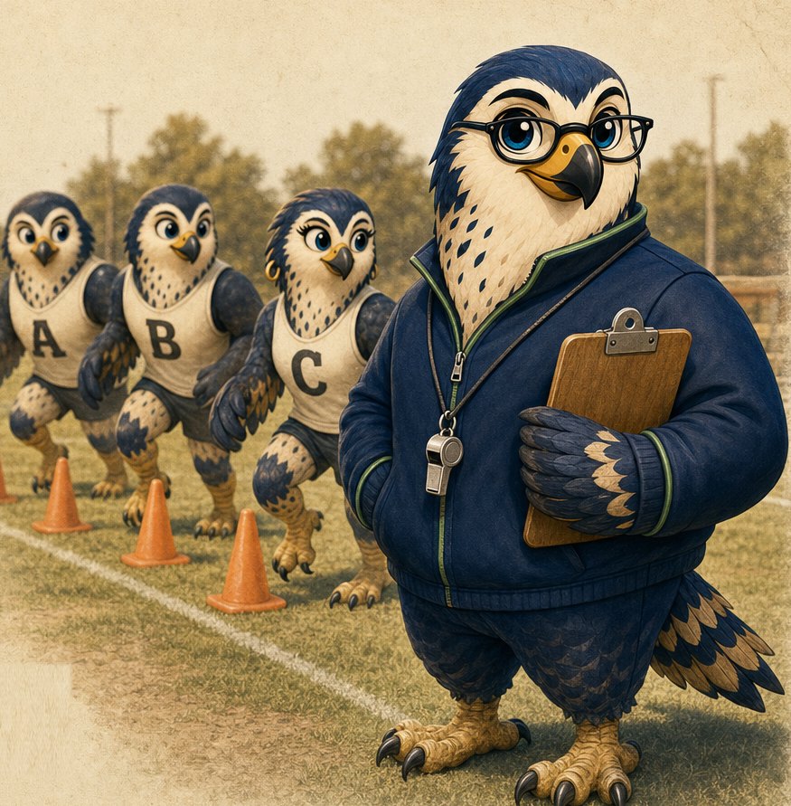 A falcon coach with a clipboard, and three falcon runners labeled A, B, and C