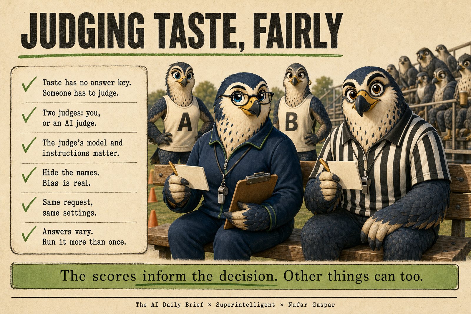 Judging taste, fairly: two judges, you or an AI judge